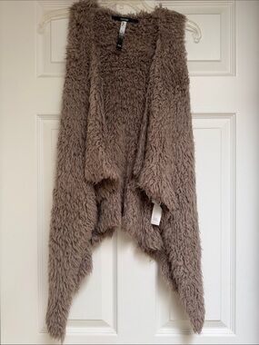 Kensie Taupe Plush Faux-Sherpa Open Front Poncho